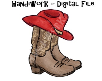 Cowgirl boots and red hat PNG File, Watercolor brown Cowboy boots, Red cowgirl hat and boots Sublimation Design, Rodeo sublimation design