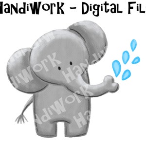 Pastel elephant blowing water png design, grey elephant kids sublimation, elephant baby shower clip art, elephant clip art, cartoon elephant