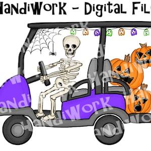 ゴルフカートのスケルトンのpngデザイン、ハロウィーンのゴルフカートの昇華png、ハロウィーンのゴルフカートのコミュニティシャツpng、かわいいゴルフカートの不気味なデザイン