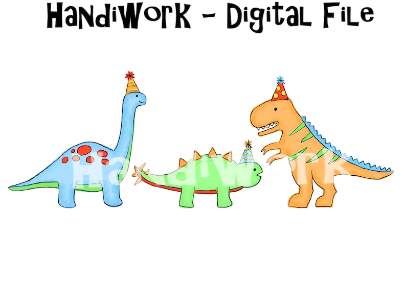 May include: Three cartoon dinosaurs wearing party hats. The dinosaurs are blue, green, and orange. The blue dinosaur is a brachiosaurus, the green dinosaur is a stegosaurus, and the orange dinosaur is a tyrannosaurus rex.