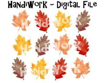 Watercolor fall leaves png file, a bunch of painted fall leaves sublimation, fall leaves watercolor clip art, 12 fall leave grid png file