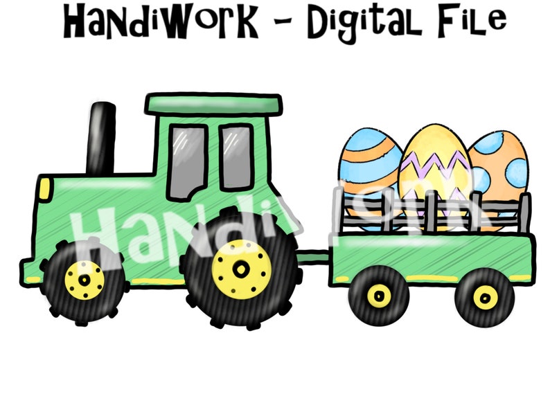 Puede incluir: Un tractor verde con un remolque que transporta tres huevos de Pascua coloridos. El tractor tiene un volante amarillo y neum&aacute;ticos negros. El remolque es verde con neum&aacute;ticos negros y una rejilla met&aacute;lica negra.