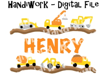 Puede incluir: Un archivo digital con un tema de construcción con el nombre HENRY en letras naranjas. La imagen incluye ilustraciones de varios vehículos de construcción, incluyendo una excavadora, una grúa, una excavadora, una mezcladora de cemento y un camión volquete. Los vehículos son amarillos con detalles naranjas y están sobre un fondo marrón.