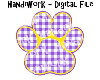 Purple and gold gingham paw print, gingham sports mascot logo sublimation, paw print checkered digital file, purple and yellow paw print png