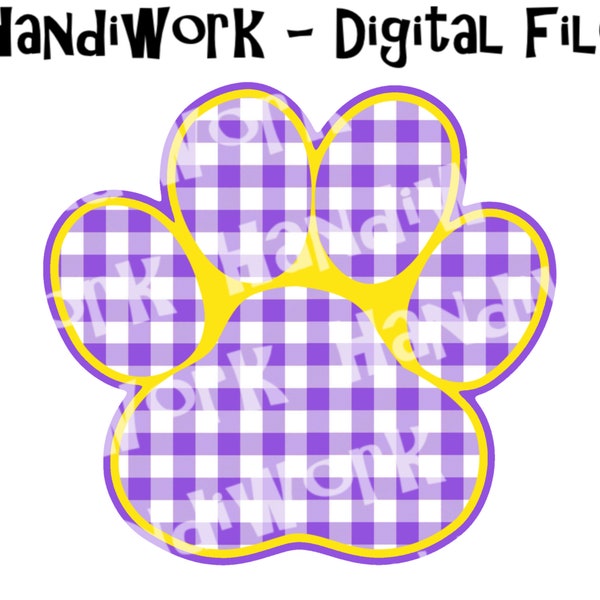 Purple and gold gingham paw print, gingham sports mascot logo sublimation, paw print checkered digital file, purple and yellow paw print png