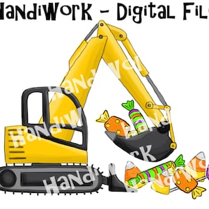 Halloween excavator png design, candy with excavator sublimation, trick or treat excavator png, boys Halloween design, construction png