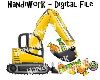 Halloween excavator png design, candy with excavator sublimation, trick or treat excavator png, boys Halloween design, construction png