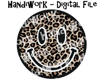 Cheetah smiley face design, leopard smiley face sublimation, retro cheetah print smiley face, animal print smiley face, digital smiley face