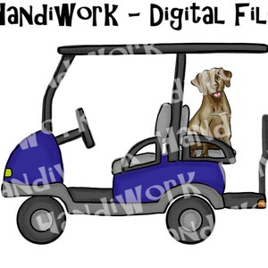 犬を乗せたペイントされたゴルフカートのPNGデザイン、背中にラボが描かれたネイビーのゴルフカートのPNGデザイン、犬を乗せたゴルフカートの昇華、ペイントされたゴルフカート