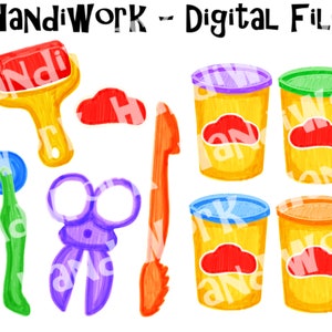 May include: A set of colorful play dough tools, including a rolling pin, a small knife, a small tool for making impressions, and four containers of play dough. The play dough containers are yellow with a red, orange, green, or blue lid. The play dough is red, orange, green, and blue.