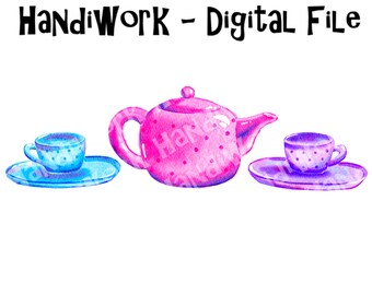Watercolor tea party set png files, painted teapot and teacups pngs, tea party clip art pngs, tea party trio digital file