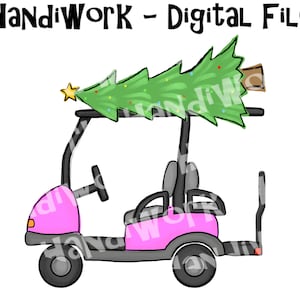 Pink golf cart with Christmas tree png design, golf cart carrying Christmas tree digital design, girly pink golf cart Christmas sublimation