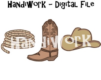 Cowboy trio digital PNG File, Rodeo trio sublimation design, Cowboy boots and hat sublimation png, Rodeo clip art trio, kids cowboy png file