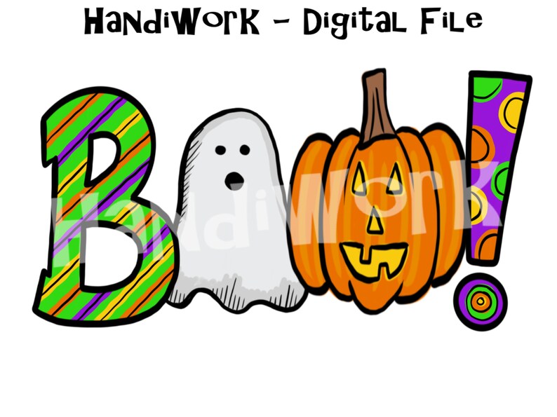 May include: A colourful illustration of the word "Boo!" with a striped "B", a ghost, a jack-o'-lantern pumpkin, and an exclamation point with polka dots.