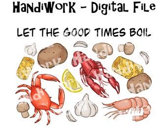 Crawfish boil collage png design, crawfish shrimp potatoes corn sublimation, let the good times boil png design, watercolor crawfish boil
