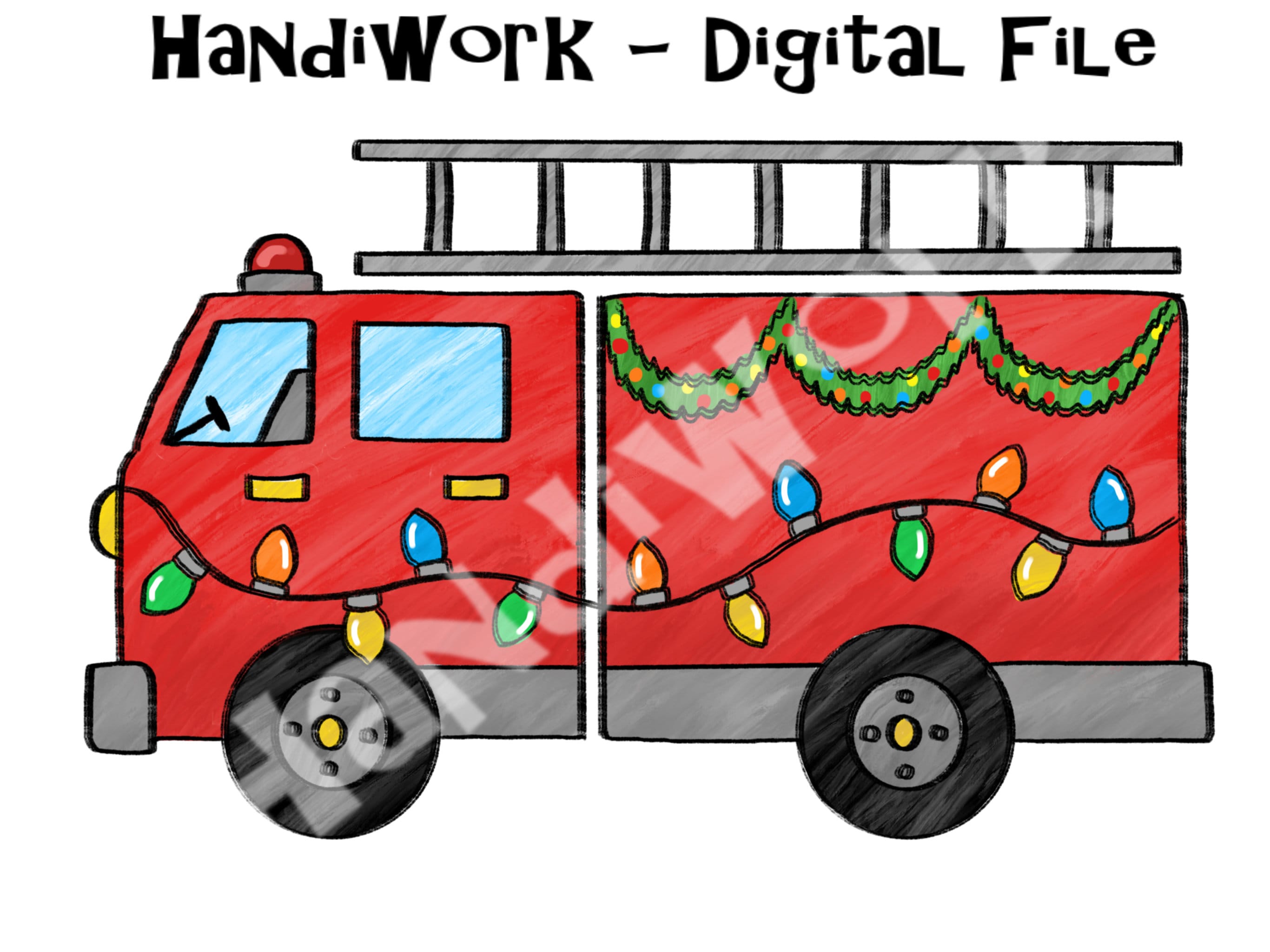 Christmas Fire Truck PNG File, Firetruck With Christmas Lights, Painted
