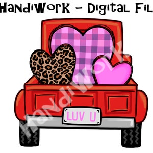 Red Valentine&#39;s Truck with cheetah Heart PNG File, Valentine&#39;s Day Truck, Watercolor Truck, Valentine&#39;s Sublimation Design, Plaid hearts