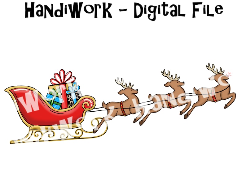 Santa sleigh with reindeer png, red sleigh and reindeer sublimation, Christmas sleigh digital design, reindeer flying sleigh png design image 1