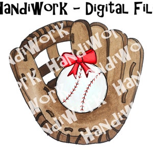 Baseball in Glove with bow PNG File, Watercolor Baseball in glove Design, girly baseball with bow sublimation design, girl baseball glove