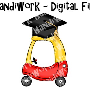 Kids red and yellow car with graduation hat, kids ride on push car grad school design png, kids red and yellow push car with graduation hat