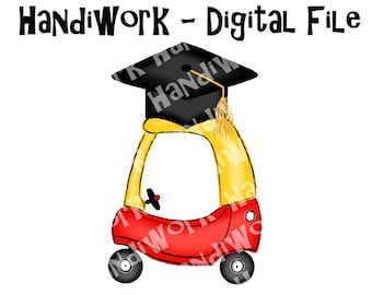 Kids red and yellow car with graduation hat, kids ride on push car grad school design png, kids red and yellow push car with graduation hat