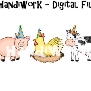 Farm animal birthday trio png design, Cute farm animal trio Birthday sublimation, farm first birthday shirt design, animals with party hats