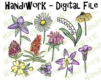 Watercolor wildflowers clip art, wildflowers digital designs, painted wild flowers art, field flowers sublimation design, wildflower sub