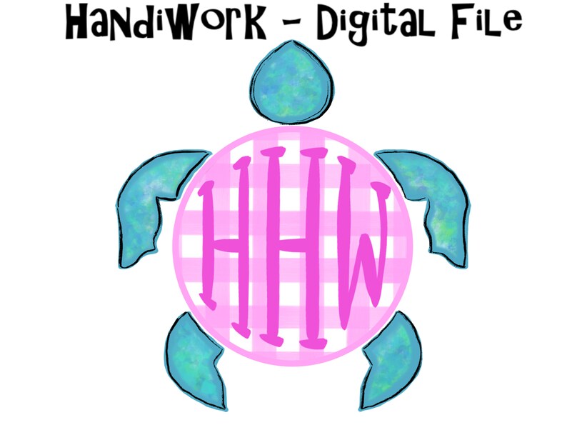 Op de afbeelding: Een roze en witte geruite cirkel met de letters "HHW" in roze erin. De cirkel wordt omringd door een blauwe en groene aquarel schildpaden schild.