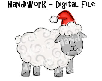 Cute Christmas sheep painted digital design, holiday sheep png design, sheep with Santa hat sublimation design, farm Christmas design