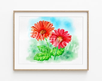Gerbera Daisy pdf and jpeg art print, watercolor painted Gerbera daisies art print, watercolor painted daisies digital download file