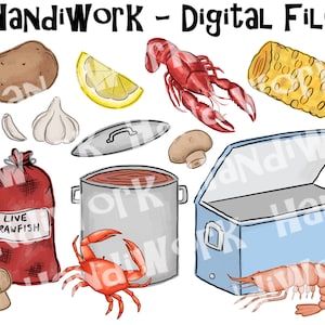 Crawfish boil clip art, watercolor crawfish boil clip art pngs, crawfish pot and ice chest png, painted crawfish boil art, corn and potatoes