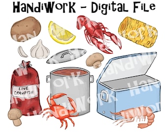 Puede incluir: Ilustración digital con varios ingredientes para un plato de mariscos. Incluye un cangrejo rojo, cangrejo, camarón, patata, maíz, limón, ajo, champiñones y una olla. El texto dice "HandiWork - Digital File."