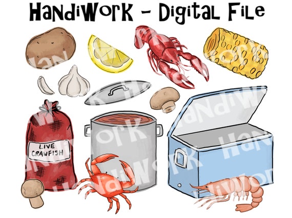 Crawfish boil clip art, watercolor crawfish boil clip art pngs, crawfish pot and ice chest png, painted crawfish boil art, corn and potatoes