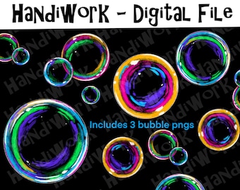 Colorful bubbles clip art, rainbow bubbles png art, hand drawn bubble pngs, painted realistic bubbles digital art