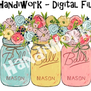 Colored Mason jars with flowers PNG File, Watercolor jars with bright flowers Design, Spring sublimation design, mason jar clip art