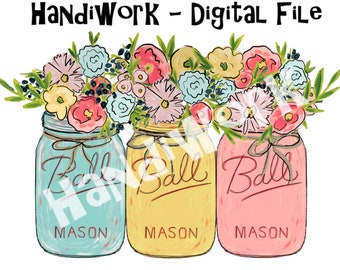Colored Mason jars with flowers PNG File, Watercolor jars with bright flowers Design, Spring sublimation design, mason jar clip art