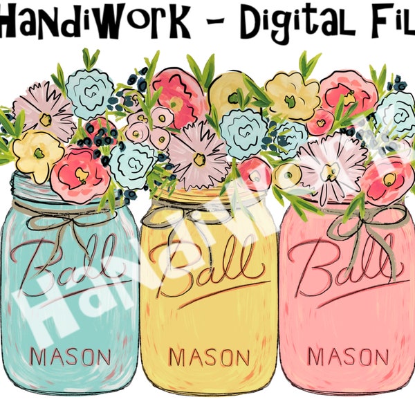 Colored Mason jars with flowers PNG File, Watercolor jars with bright flowers Design, Spring sublimation design, mason jar clip art