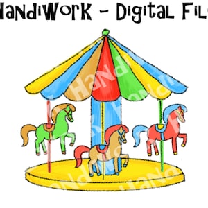 May include: A colorful hand-drawn illustration of a carousel with three horses. The carousel has a yellow, blue, red, and green canopy. The horses are green, brown, and red.