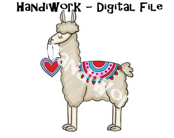 May include: A cartoon llama with a pink, red and blue patterned saddle and a red heart hanging from its mouth. The llama is standing on a white background.