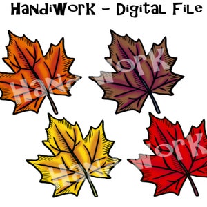May include: Four autumn leaves in different colors: orange, brown, yellow, and red. The leaves are drawn in a cartoon style with detailed veins and edges.
