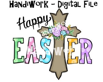 Happy Easter with cross PNG File, Easter Cross Design, Watercolor cross, Easter Cross Sublimation Design, Easter Cross with Flowers