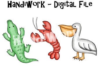 Alligator pelican and crawfish watercolor png design, kids southern animal trio sublimation, New Orleans kids animal trio design, Louisiana