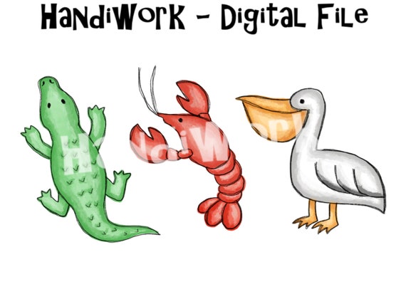 Alligator pelican and crawfish watercolor png design, kids southern animal trio sublimation, New Orleans kids animal trio design, Louisiana
