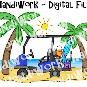 ゴルフカートの夏をテーマにしたデジタル png、ビーチ昇華デザインのゴルフカート、引退したゴルフカートの png、ゴルフカート コミュニティの png、フロリダの png