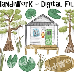 Cute kid swamp clip art png files, swamp house png, swamp plants, cat tail png, cypress trees with moss png, lily pads, swamp scenery png