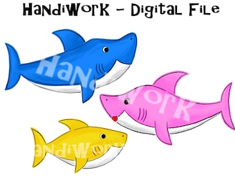 Baby shark PNG File, Yellow baby shark, Watercolor Cartoon sharks, Shark child Sublimation Design, Pink mommy shark Png, blue daddy shark