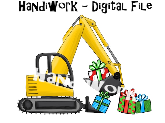 Christmas excavator png design, excavator with presents sublimation design, yellow kids excavator clip art, excavator shirt holiday design