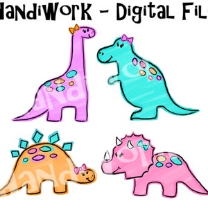 Girly dinosaurs with bows png design, cute colorful girl dinosaurs sublimations, girl dinosaur birthday clip art, girly dinosaur shirt pngs