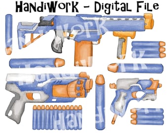 Clipart z akwarelowymi pistoletami i kulami dla dzieci, sublimacja niebieskich i pomarańczowych pistoletów zabawkowych, pliki PNG z bronią dla dzieci, letnie projekty dla chłopców w formacie PNG