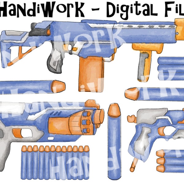 Watercolor kids guns and bullets clip art, blue and orange toy guns sublimation, kids play guns png files, boys summer fun png designs